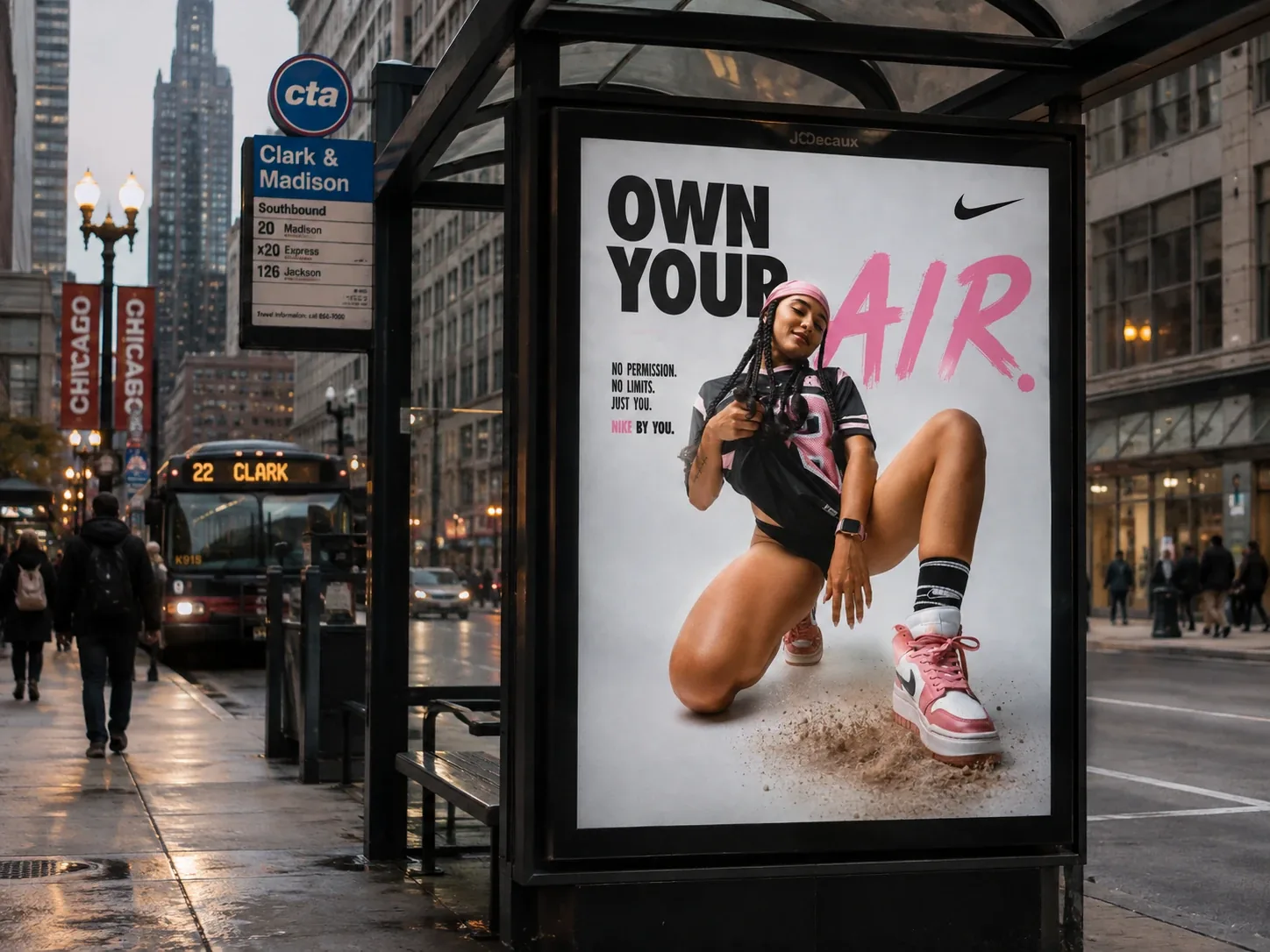Póster Nike Own Your Air en una parada de autobús de la ciudad