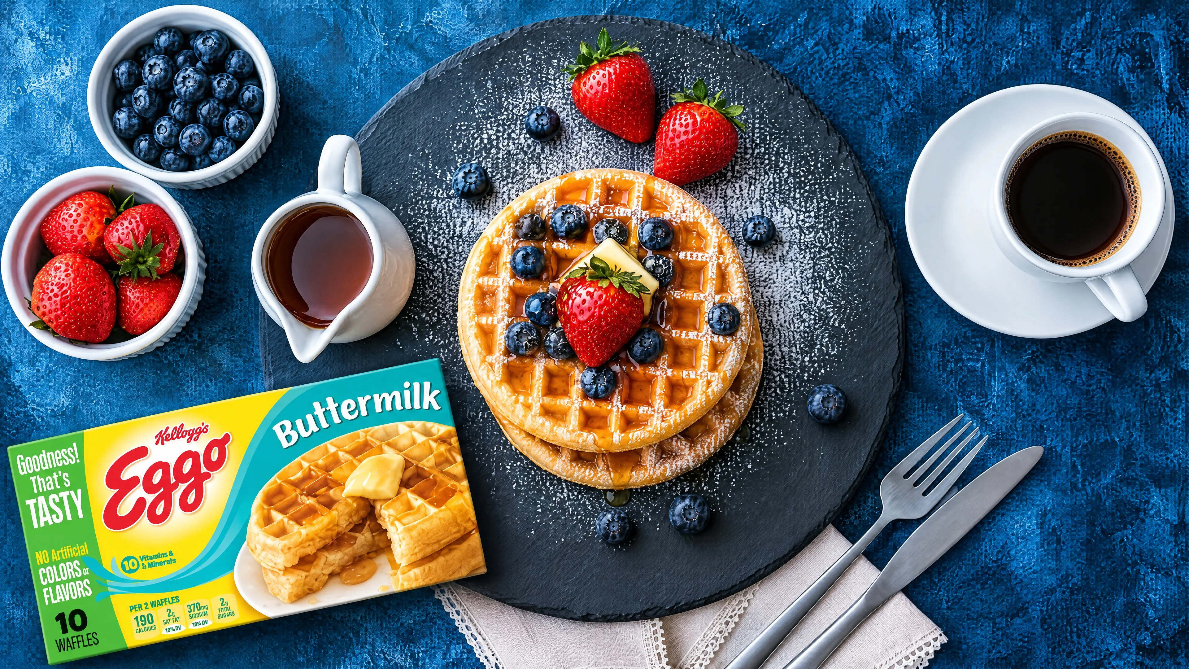 Waffle breakfast flat lay with berries and coffee, product campaign