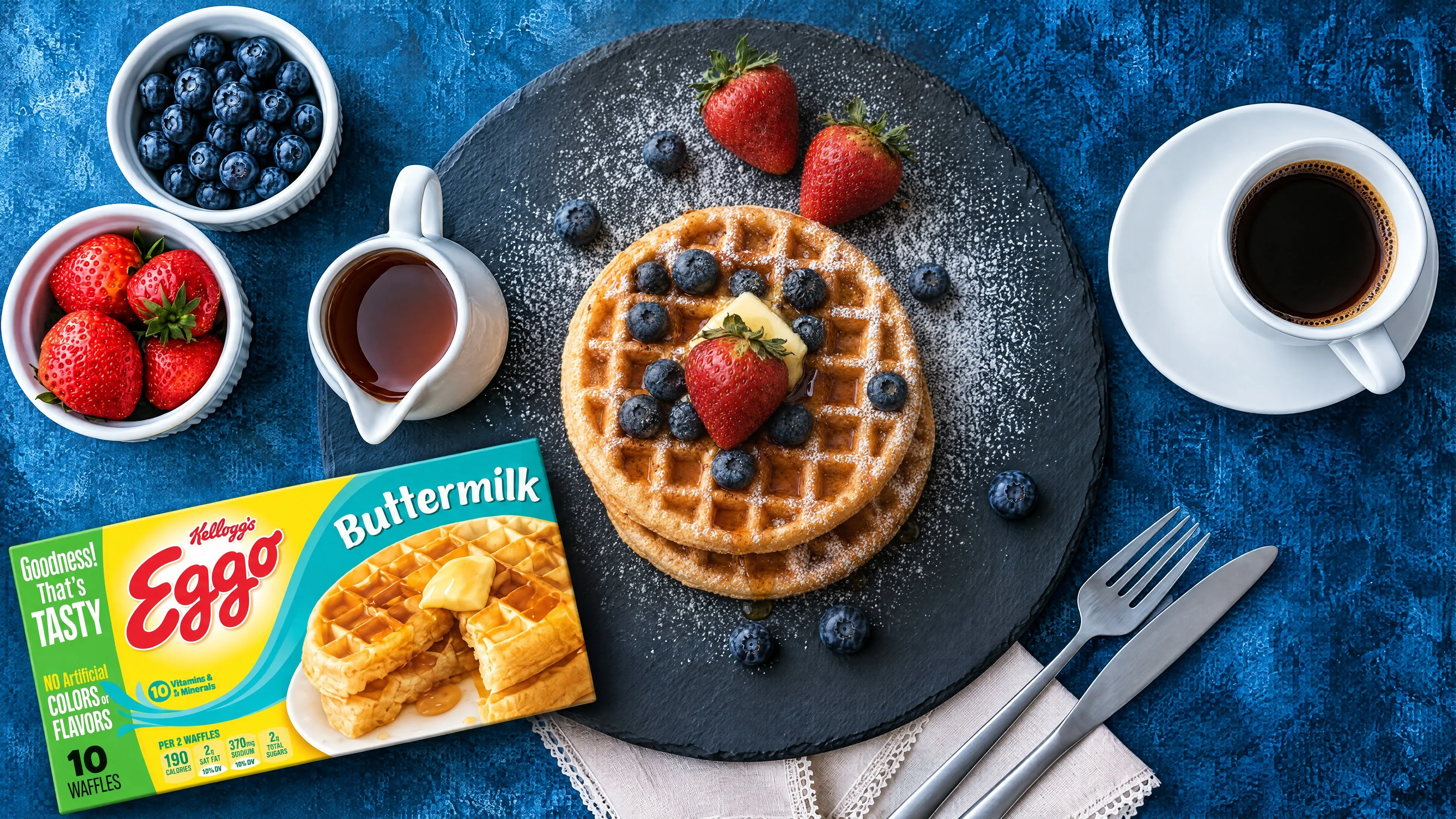 Waffle breakfast flat lay with berries and coffee, product campaign