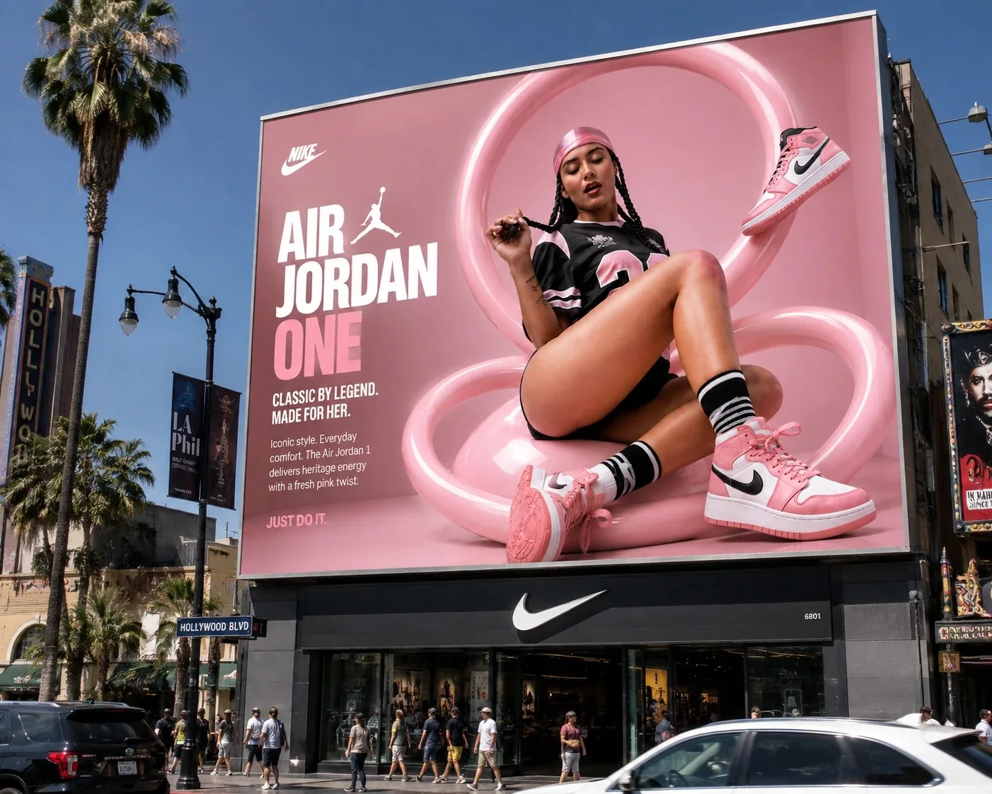 Nike Air Jordan One campaign on a billboard above a Nike store
