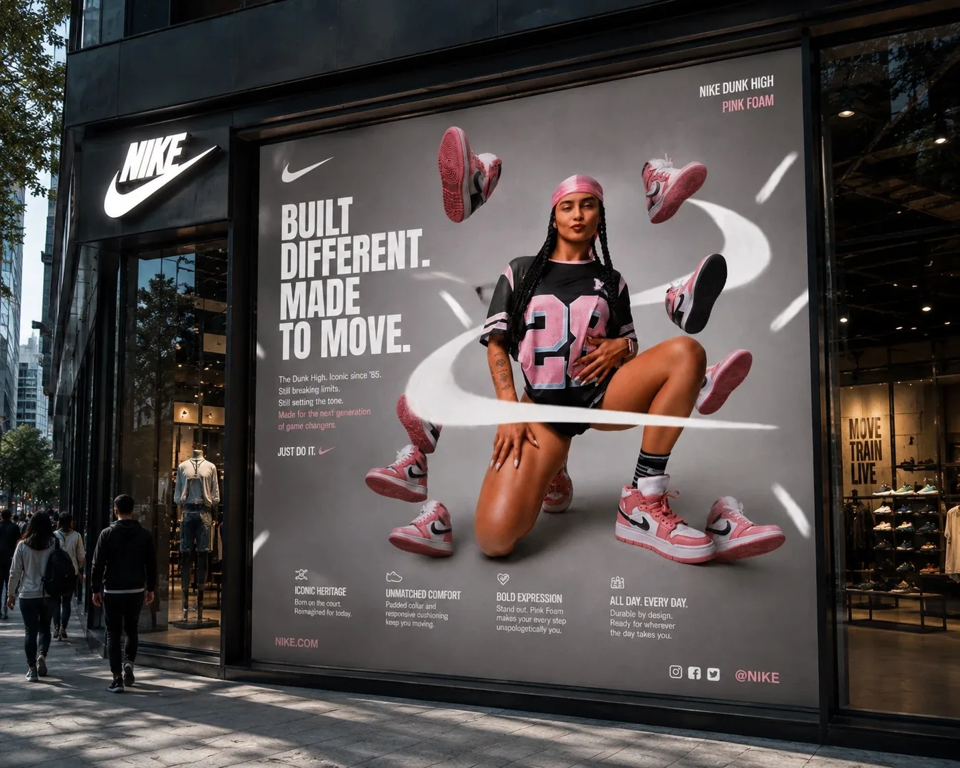 Campaña Nike Dunk High “Built different. Made to move.” en el escaparate de una tienda Nike