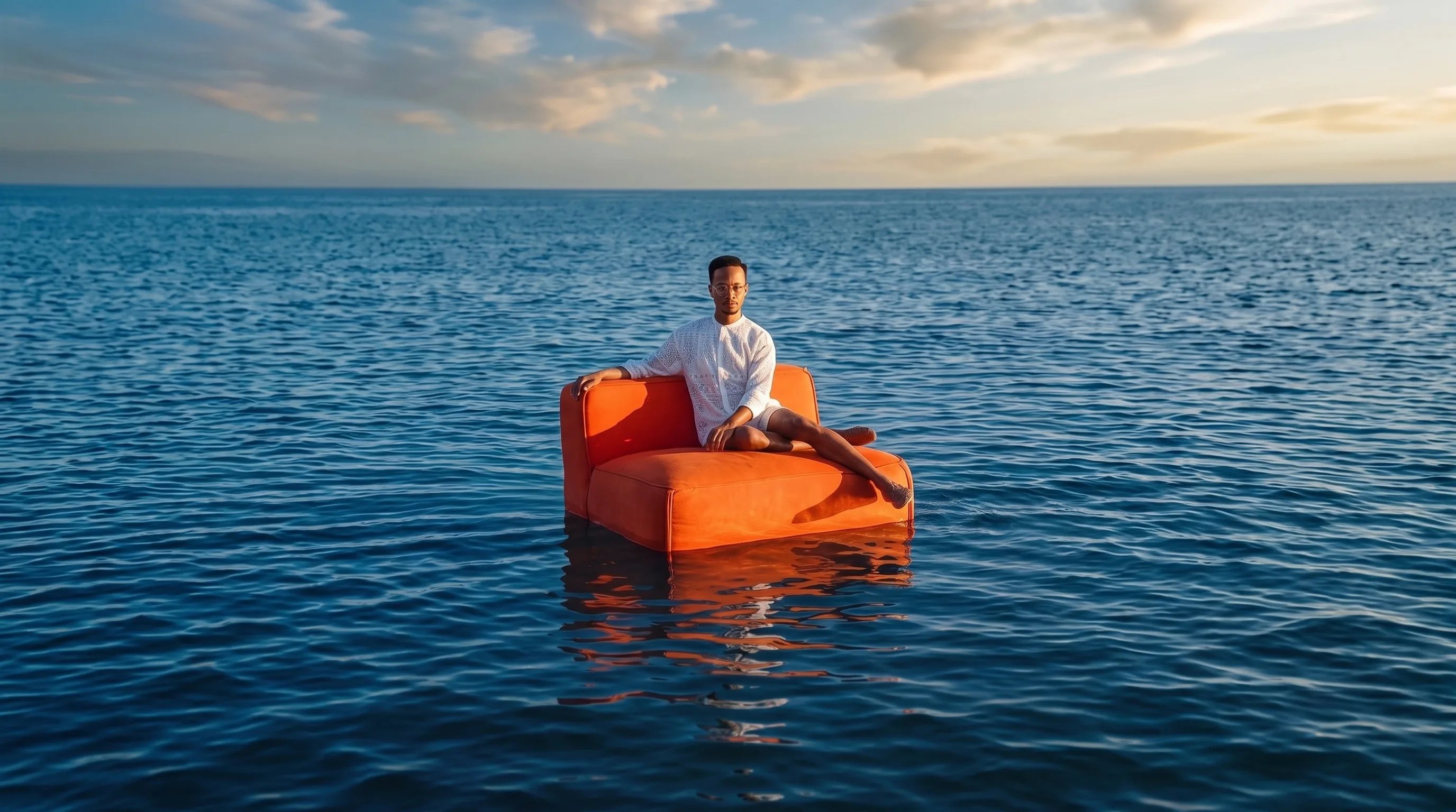 Editorial portrait on an orange sofa floating on the sea